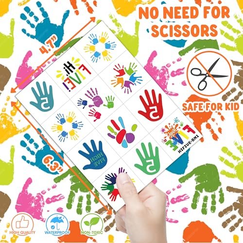 Hi Five Temporary Tattoos for Kids – 100+ Pre-Cut Hand High Five Tattoo Stickers – Party Favors, Goodie Bag Fillers, School Rewards, Positive Classroom Decorations Avelisse