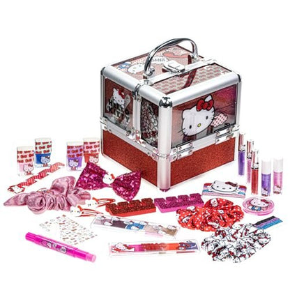 Hello Kitty Train Case Cosmetic Makeup Set for Girls Ages 6+ | Lip Gloss, Eye Shimmer, Nail Polish & Hair Accessories by Townley Girl Avelisse