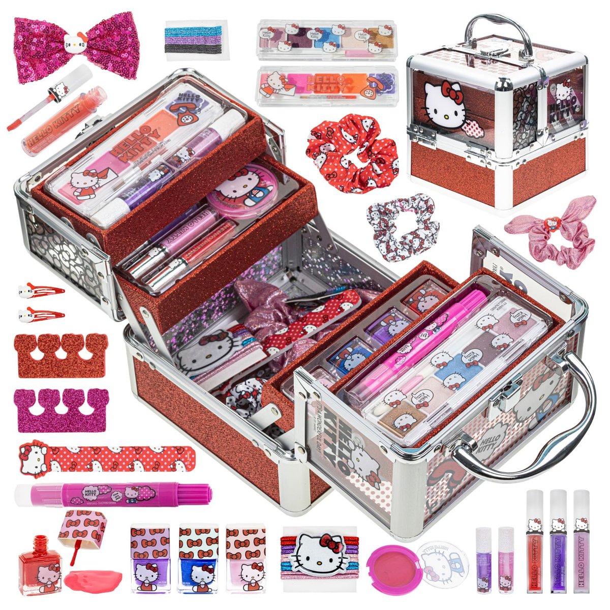Hello Kitty Train Case Cosmetic Makeup Set for Girls Ages 6+ | Lip Gloss, Eye Shimmer, Nail Polish & Hair Accessories by Townley Girl Avelisse