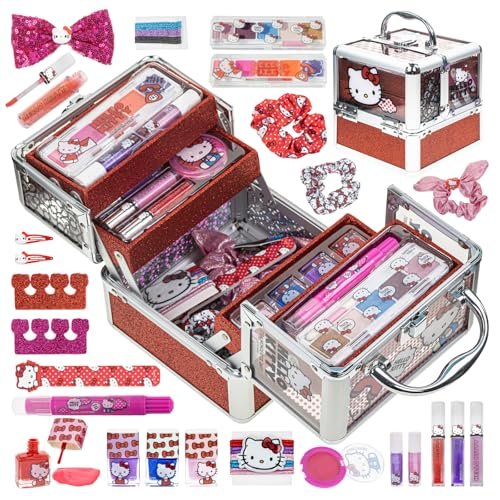 Hello Kitty Train Case Cosmetic Makeup Set for Girls Ages 6+ | Lip Gloss, Eye Shimmer, Nail Polish & Hair Accessories by Townley Girl Avelisse