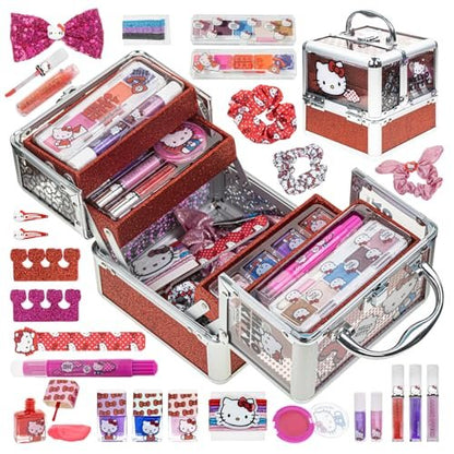 Hello Kitty Train Case Cosmetic Makeup Set for Girls Ages 6+ | Lip Gloss, Eye Shimmer, Nail Polish & Hair Accessories by Townley Girl Avelisse