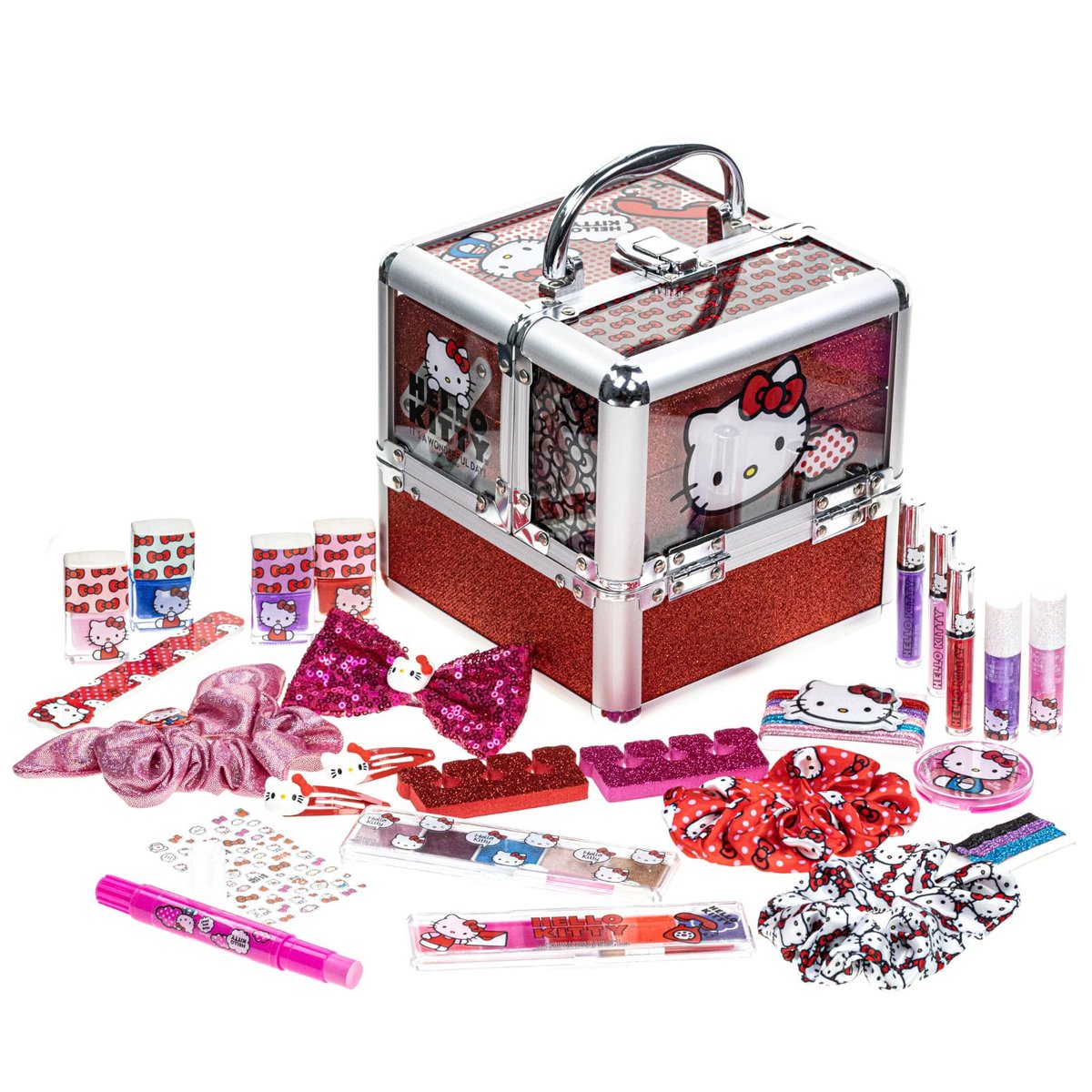 Hello Kitty Train Case Cosmetic Makeup Set for Girls Ages 6+ | Lip Gloss, Eye Shimmer, Nail Polish & Hair Accessories by Townley Girl Avelisse