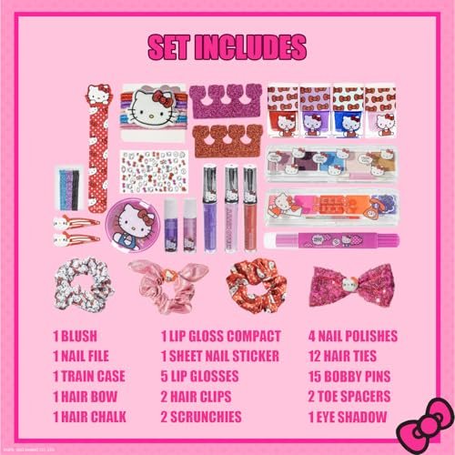 Hello Kitty Train Case Cosmetic Makeup Set for Girls Ages 6+ | Lip Gloss, Eye Shimmer, Nail Polish & Hair Accessories by Townley Girl Avelisse