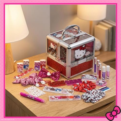 Hello Kitty Train Case Cosmetic Makeup Set for Girls Ages 6+ | Lip Gloss, Eye Shimmer, Nail Polish & Hair Accessories by Townley Girl Avelisse