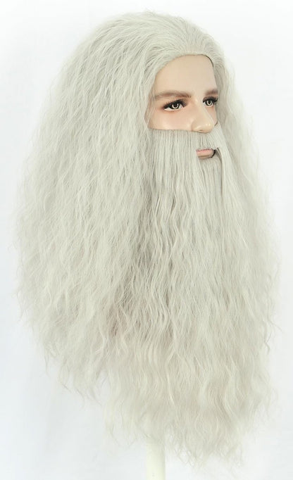 Karlery Men Long Curly Grey Wizard Wig and Fake Beard Halloween Cosplay Costume Accessory