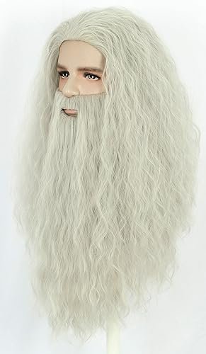 Karlery Men Long Curly Grey Wizard Wig and Fake Beard Halloween Cosplay Costume Accessory - görsel 4