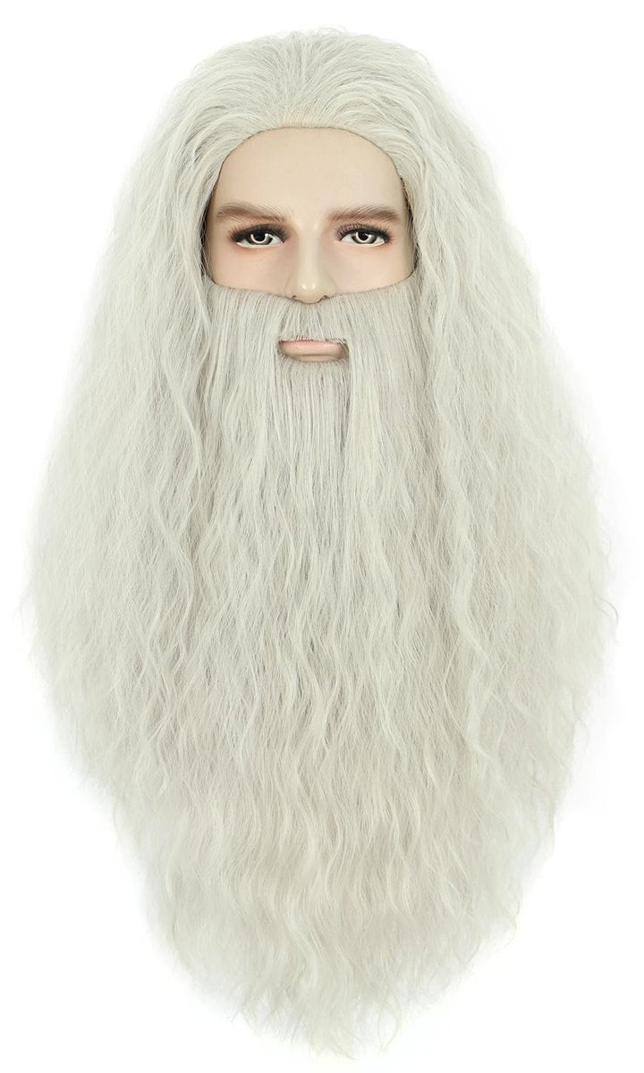 Karlery Men Long Curly Grey Wizard Wig and Fake Beard Halloween Cosplay Costume Accessory - görsel 1