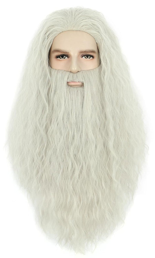 Karlery Men Long Curly Grey Wizard Wig and Fake Beard Halloween Cosplay Costume Accessory