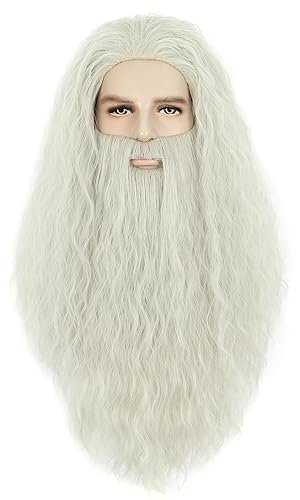 Karlery Men Long Curly Grey Wizard Wig and Fake Beard Halloween Cosplay Costume Accessory - görsel 2