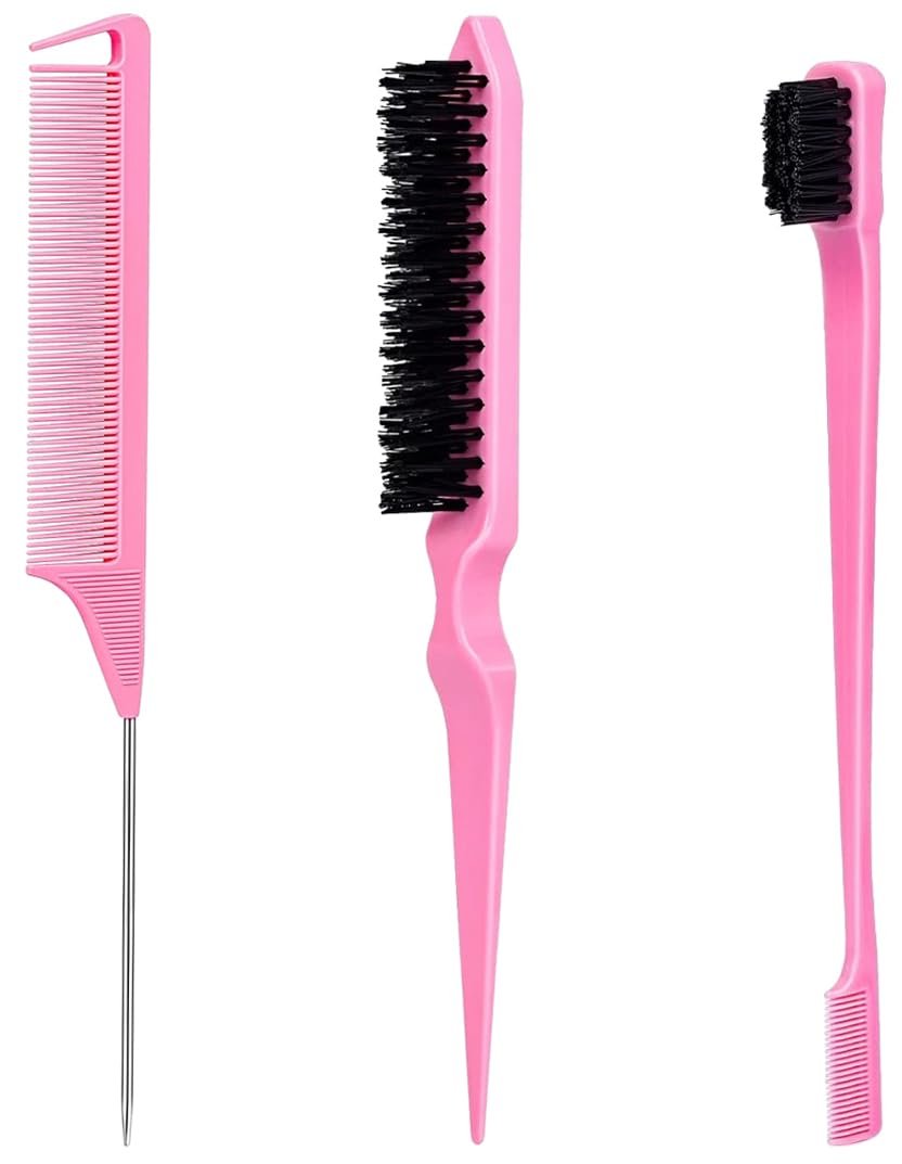 Slick Back Hair Brush & Edge Brush Set - 3Pcs Rat Tail Comb for Parting, Teasing & Edge Control - Pink Metal - görsel 1