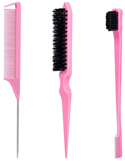 Slick Back Hair Brush & Edge Brush Set - 3Pcs Rat Tail Comb for Parting, Teasing & Edge Control - Pink Metal