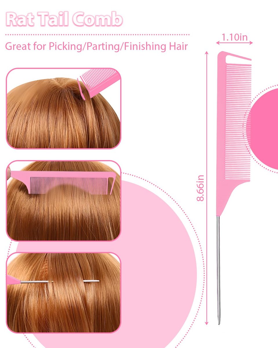 Slick Back Hair Brush & Edge Brush Set - 3Pcs Rat Tail Comb for Parting, Teasing & Edge Control - Pink Metal - görsel 7