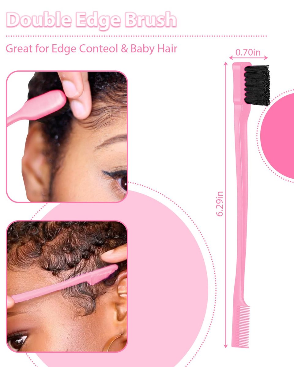 Slick Back Hair Brush & Edge Brush Set - 3Pcs Rat Tail Comb for Parting, Teasing & Edge Control - Pink Metal - görsel 11