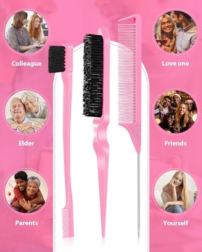 Slick Back Hair Brush & Edge Brush Set - 3Pcs Rat Tail Comb for Parting, Teasing & Edge Control - Pink Metal