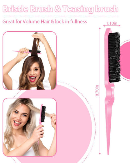 Slick Back Hair Brush & Edge Brush Set - 3Pcs Rat Tail Comb for Parting, Teasing & Edge Control - Pink Metal