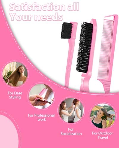 Slick Back Hair Brush & Edge Brush Set - 3Pcs Rat Tail Comb for Parting, Teasing & Edge Control - Pink Metal