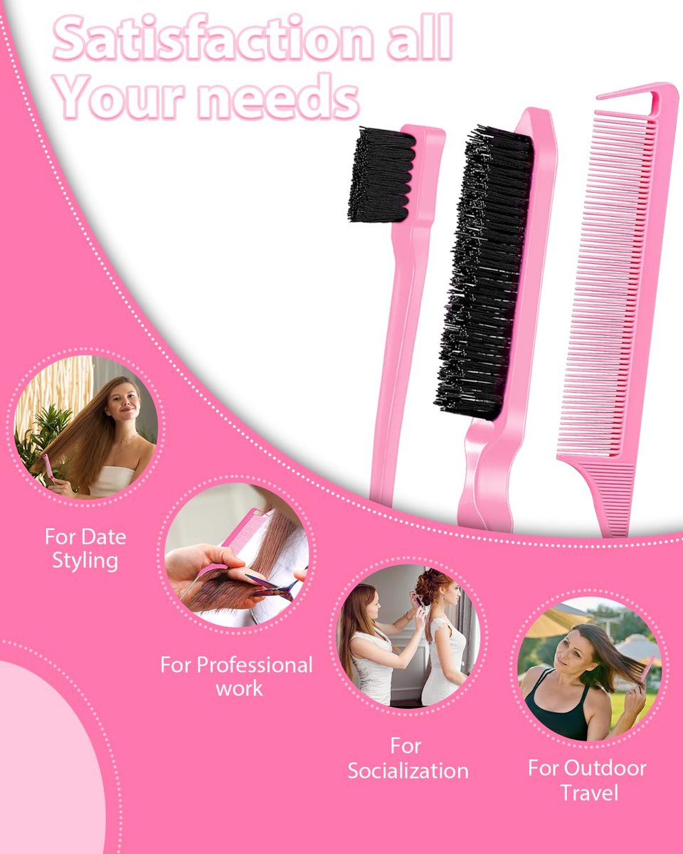 Slick Back Hair Brush & Edge Brush Set - 3Pcs Rat Tail Comb for Parting, Teasing & Edge Control - Pink Metal - görsel 15