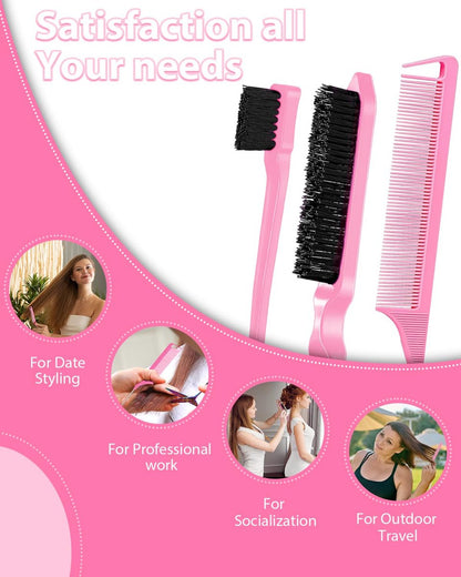 Slick Back Hair Brush & Edge Brush Set - 3Pcs Rat Tail Comb for Parting, Teasing & Edge Control - Pink Metal
