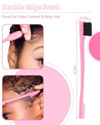 Slick Back Hair Brush & Edge Brush Set - 3Pcs Rat Tail Comb for Parting, Teasing & Edge Control - Pink Metal