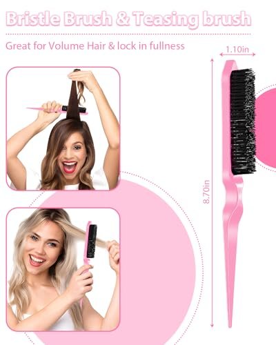 Slick Back Hair Brush & Edge Brush Set - 3Pcs Rat Tail Comb for Parting, Teasing & Edge Control - Pink Metal - görsel 10