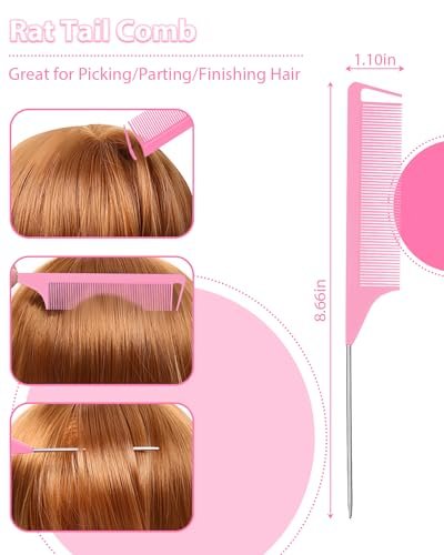 Slick Back Hair Brush & Edge Brush Set - 3Pcs Rat Tail Comb for Parting, Teasing & Edge Control - Pink Metal - görsel 8