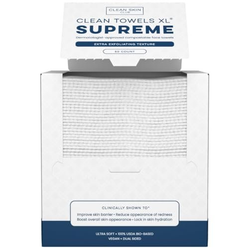 Clean Skin Club Clean Towels XL® Supreme - 100% USDA Biobased Disposable Face Towelettes, Eczema Association Accepted, Ultra Absorbent & Soft, 50 Count Avelisse