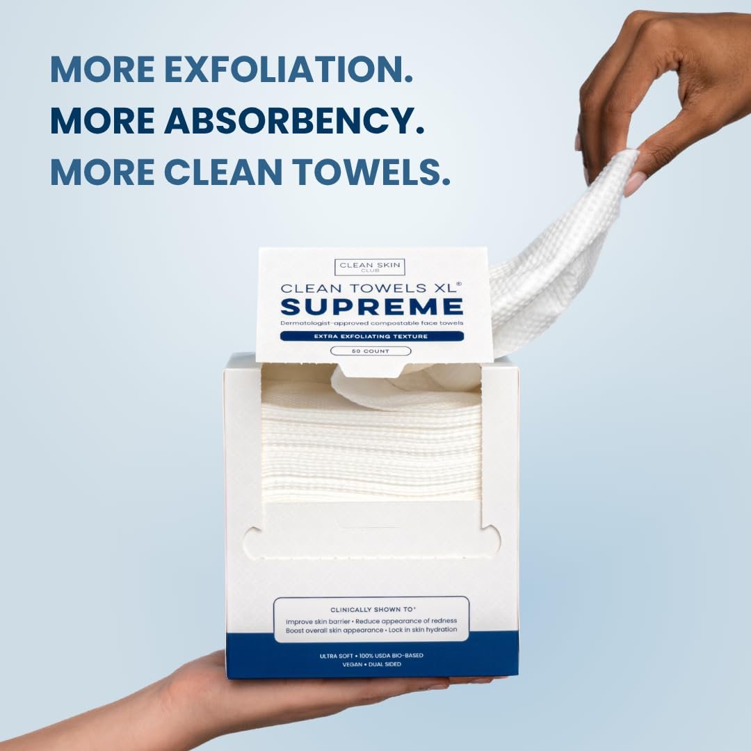 Clean Skin Club Clean Towels XL® Supreme - 100% USDA Biobased Disposable Face Towelettes, Eczema Association Accepted, Ultra Absorbent & Soft, 50 Count Avelisse