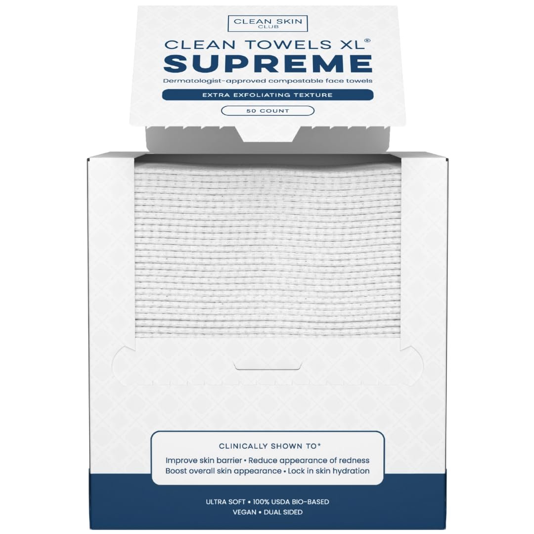 Clean Skin Club Clean Towels XL® Supreme - 100% USDA Biobased Disposable Face Towelettes, Eczema Association Accepted, Ultra Absorbent & Soft, 50 Count Avelisse