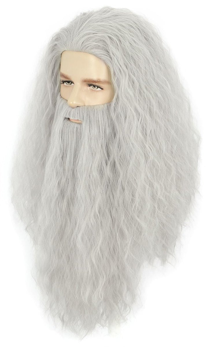 Yuehong Adult Long Grey Curly Mens Wig & Big Beard Set - Heat Resistant Synthetic Fiber Cosplay Wig for Wizard, Viking, Santa Costumes - görsel 5