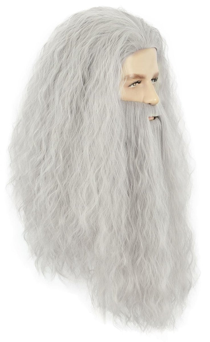 Yuehong Adult Long Grey Curly Mens Wig & Big Beard Set - Heat Resistant Synthetic Fiber Cosplay Wig for Wizard, Viking, Santa Costumes - görsel 3