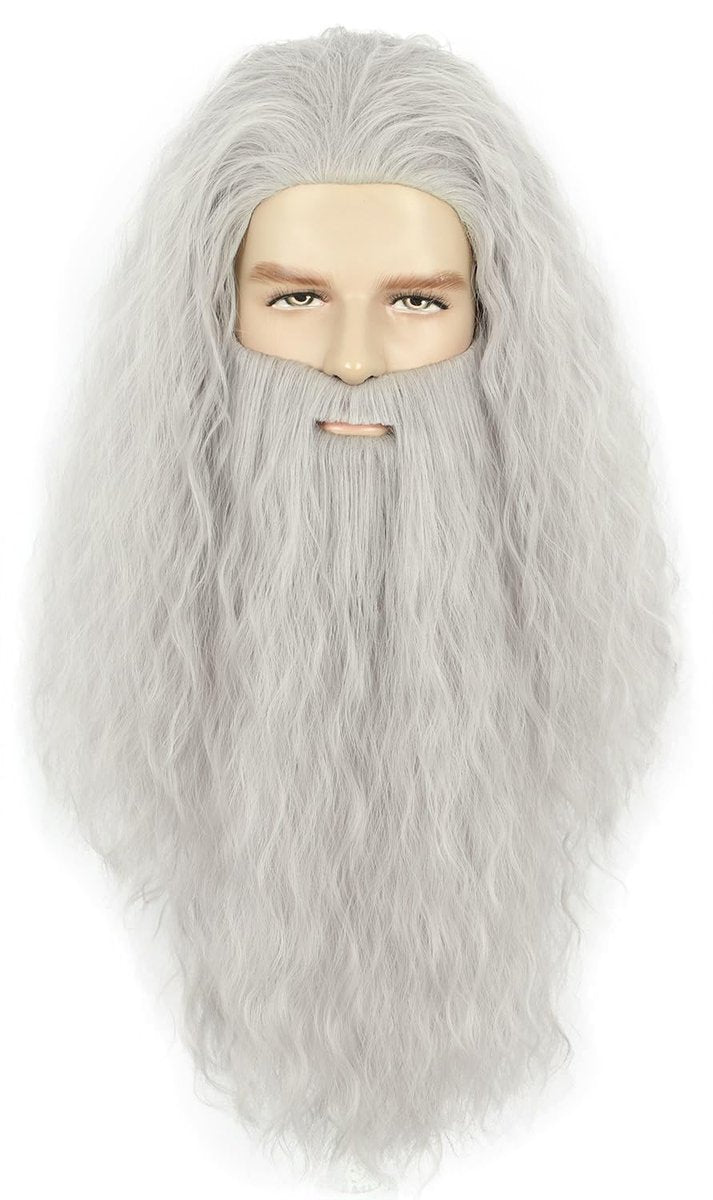 Yuehong Adult Long Grey Curly Mens Wig & Big Beard Set - Heat Resistant Synthetic Fiber Cosplay Wig for Wizard, Viking, Santa Costumes - görsel 1