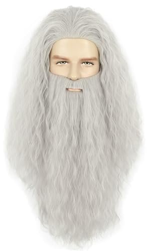 Yuehong Adult Long Grey Curly Mens Wig & Big Beard Set - Heat Resistant Synthetic Fiber Cosplay Wig for Wizard, Viking, Santa Costumes - görsel 2