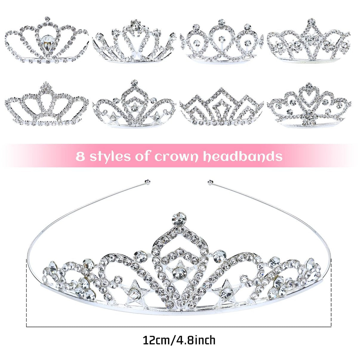 inSowni 8-Piece Decorative Princess Dazzling Rhinestone Silver Metal Tiara Crown Headbands - Wedding Birthday Party Prom Headpieces for Brides, Bridesmaids, Women, Girls, Teens, Kids - görsel 9