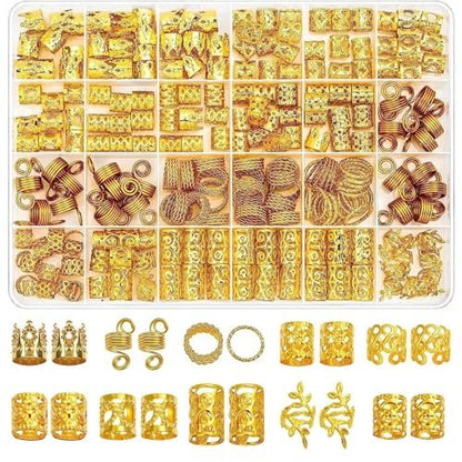 220 Pcs Gold Hair Jewelry Braid Set – Metal Dreadlock Rings, Cuffs & Clips for Hair Decorations