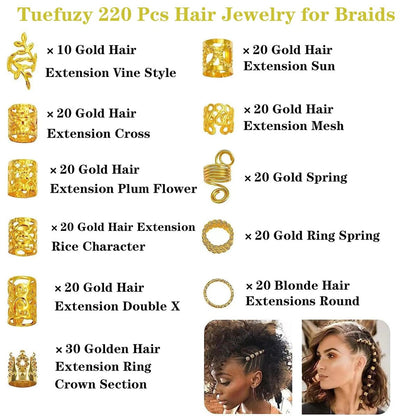 220 Pcs Gold Hair Jewelry Braid Set – Metal Dreadlock Rings, Cuffs & Clips for Hair Decorations