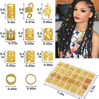 220 Pcs Gold Hair Jewelry Braid Set – Metal Dreadlock Rings, Cuffs & Clips for Hair Decorations