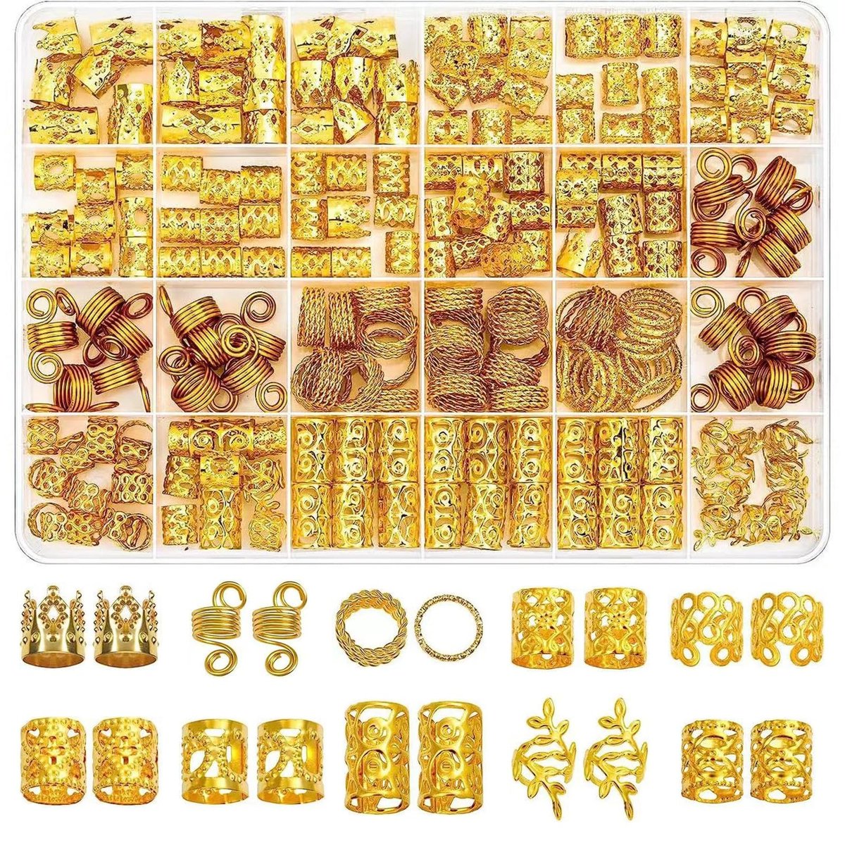 220 Pcs Gold Hair Jewelry Braid Set – Metal Dreadlock Rings, Cuffs & Clips for Hair Decorations - görsel 1