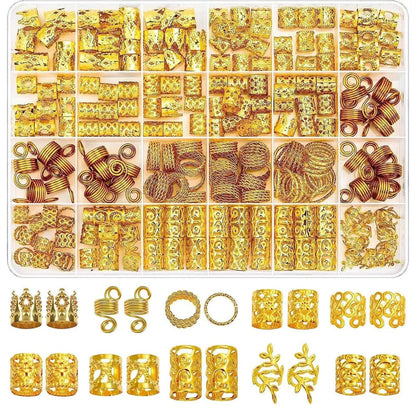 220 Pcs Gold Hair Jewelry Braid Set – Metal Dreadlock Rings, Cuffs & Clips for Hair Decorations