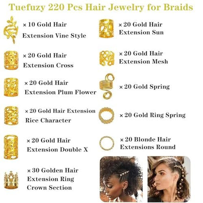 220 Pcs Gold Hair Jewelry Braid Set – Metal Dreadlock Rings, Cuffs & Clips for Hair Decorations