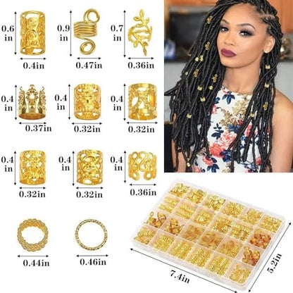 220 Pcs Gold Hair Jewelry Braid Set – Metal Dreadlock Rings, Cuffs & Clips for Hair Decorations
