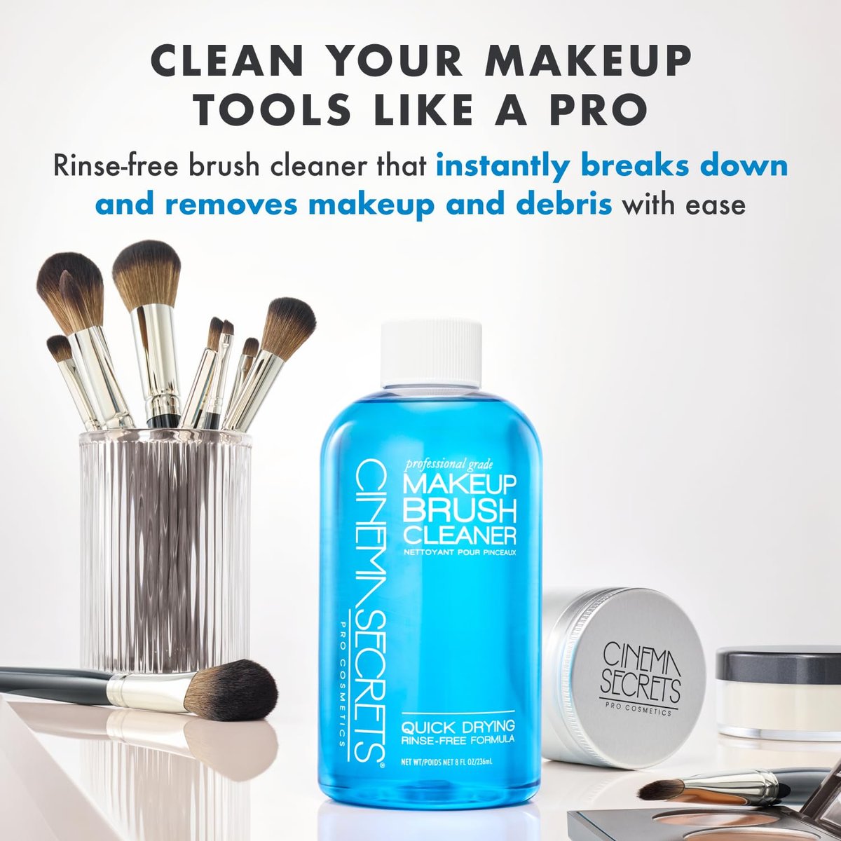 Cinema Secrets Original Blue Vanilla Makeup Brush Cleaner Solution & Spray Combo - Professional Brush Cleanser, Quick-Drying & Rinse-Free, Removes Built-Up Makeup (16 fl oz & 2 fl oz) Avelisse