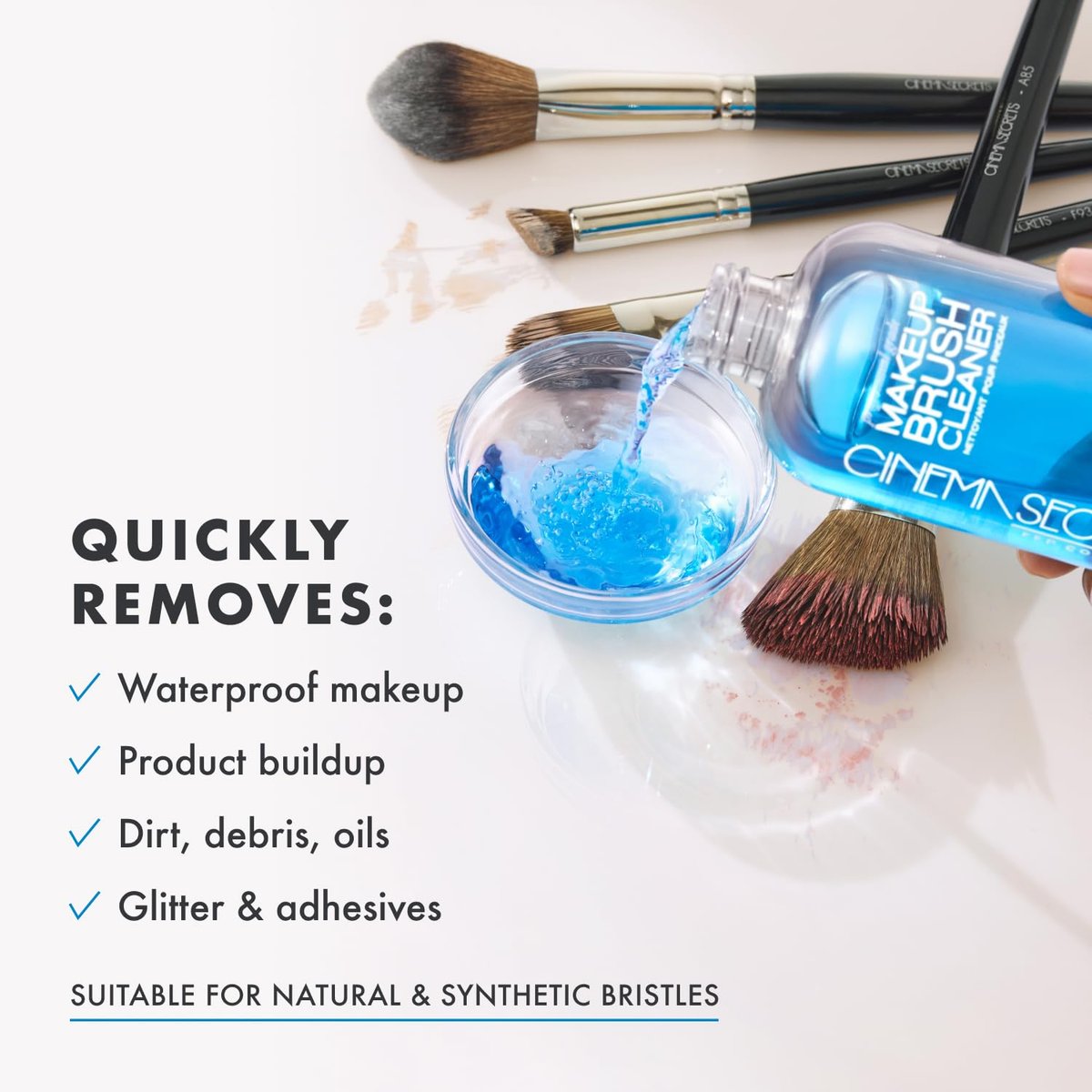 Cinema Secrets Original Blue Vanilla Makeup Brush Cleaner Solution & Spray Combo - Professional Brush Cleanser, Quick-Drying & Rinse-Free, Removes Built-Up Makeup (16 fl oz & 2 fl oz) Avelisse