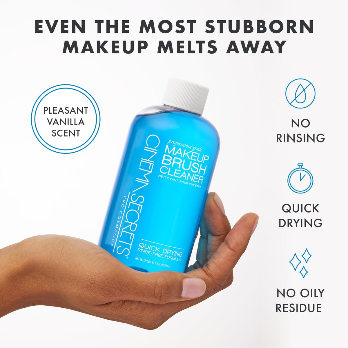 Cinema Secrets Original Blue Vanilla Makeup Brush Cleaner Solution & Spray Combo - Professional Brush Cleanser, Quick-Drying & Rinse-Free, Removes Built-Up Makeup (16 fl oz & 2 fl oz) Avelisse