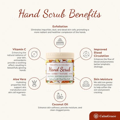 CalmGrace Hand Scrub for Dry Hands – Dead Sea Salts & Pineapple Coconut Scent – Sorbet Texture Exfoliating Hand Scrub with Avocado Oil, Vitamin E & C – 10.5 oz Avelisse
