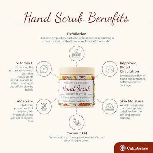 CalmGrace Hand Scrub for Dry Hands – Dead Sea Salts & Pineapple Coconut Scent – Sorbet Texture Exfoliating Hand Scrub with Avocado Oil, Vitamin E & C – 10.5 oz Avelisse