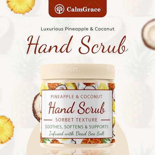 CalmGrace Hand Scrub for Dry Hands – Dead Sea Salts & Pineapple Coconut Scent – Sorbet Texture Exfoliating Hand Scrub with Avocado Oil, Vitamin E & C – 10.5 oz Avelisse