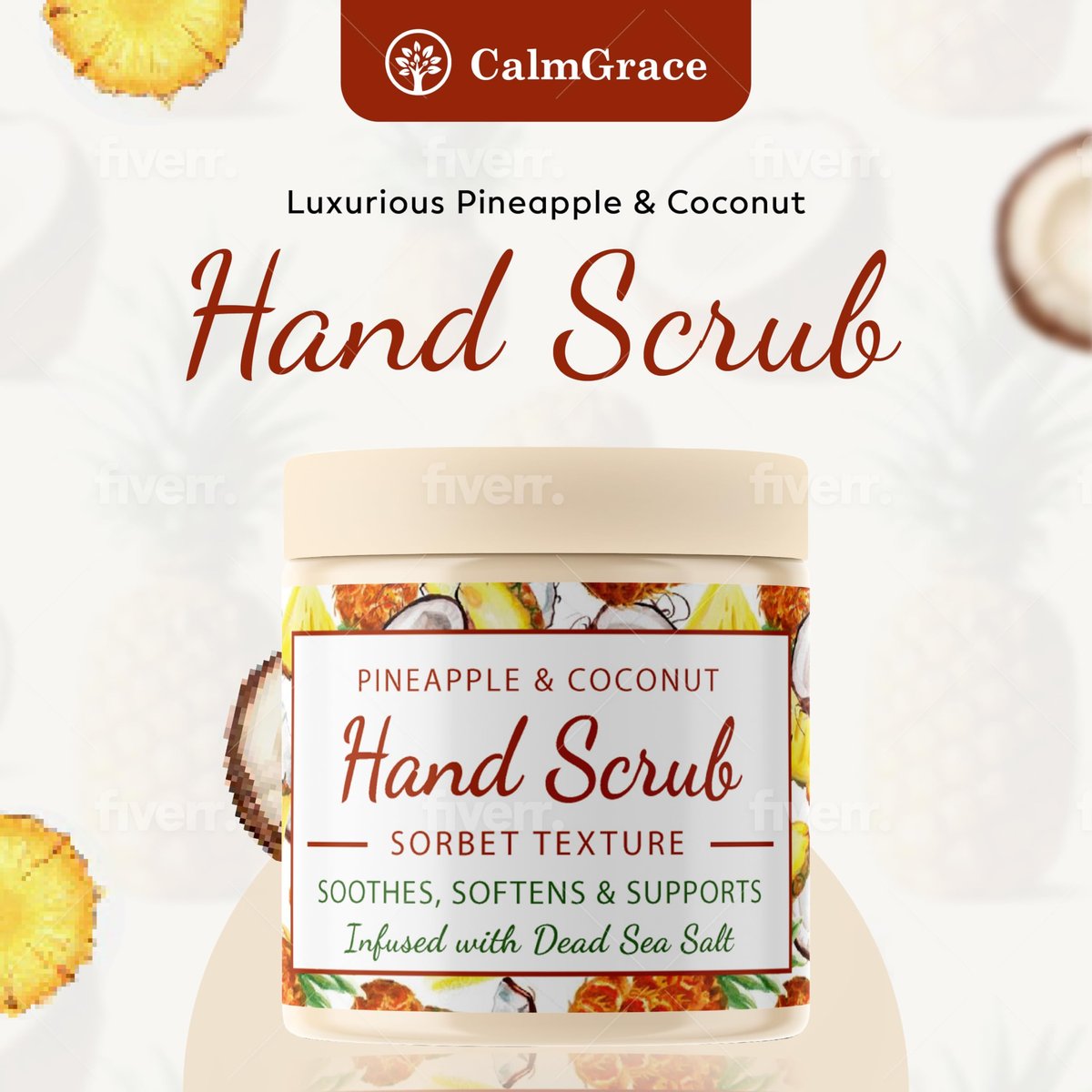 CalmGrace Hand Scrub for Dry Hands – Dead Sea Salts & Pineapple Coconut Scent – Sorbet Texture Exfoliating Hand Scrub with Avocado Oil, Vitamin E & C – 10.5 oz Avelisse