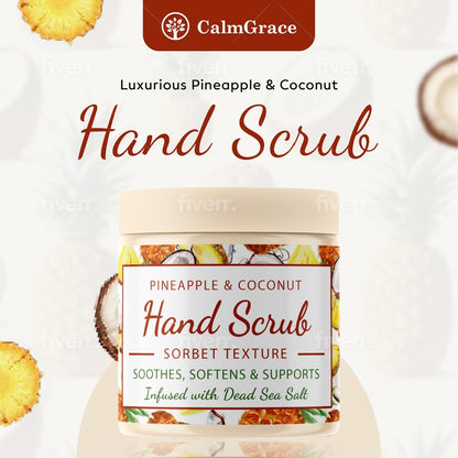 CalmGrace Hand Scrub for Dry Hands – Dead Sea Salts & Pineapple Coconut Scent – Sorbet Texture Exfoliating Hand Scrub with Avocado Oil, Vitamin E & C – 10.5 oz Avelisse