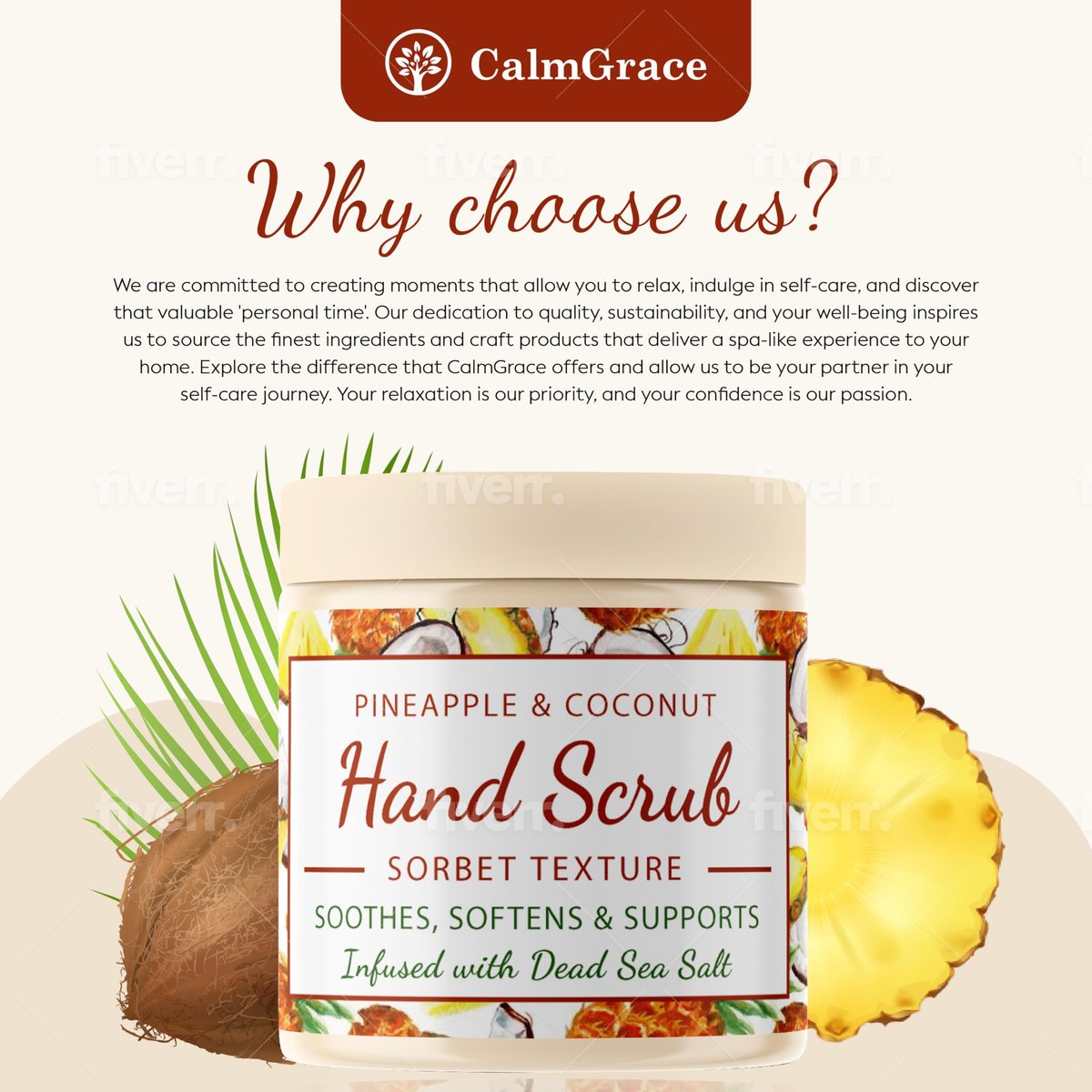CalmGrace Hand Scrub for Dry Hands – Dead Sea Salts & Pineapple Coconut Scent – Sorbet Texture Exfoliating Hand Scrub with Avocado Oil, Vitamin E & C – 10.5 oz Avelisse