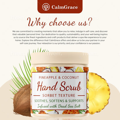 CalmGrace Hand Scrub for Dry Hands – Dead Sea Salts & Pineapple Coconut Scent – Sorbet Texture Exfoliating Hand Scrub with Avocado Oil, Vitamin E & C – 10.5 oz Avelisse